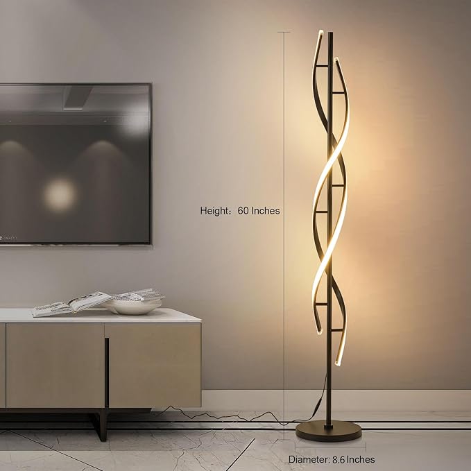 Spiral LED Floor Lamp for Bedroom,Modern Floor Lamps with Remote Control 60 Inch Dimmable Black Floor Lamp 48W Standing Lamp Timing 3 Color Temperature Corner Floor Lamps for Living Room