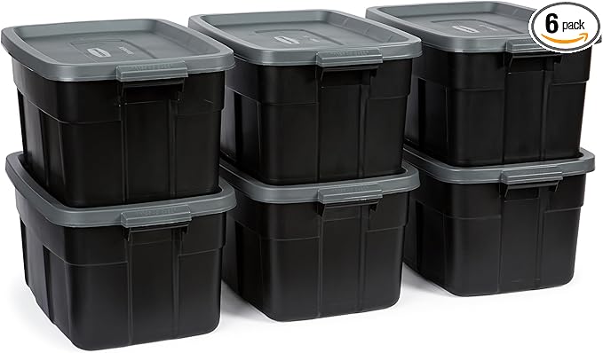 Rubbermaid Heavy Duty Black Storage Bins Plastic Totes with Lids for Storage, Stackable, Large Capacity, Durable, Multipurpose, 14 GAL, 6 Pack (14 GAL - 6 Pack Solid Black and Grey)