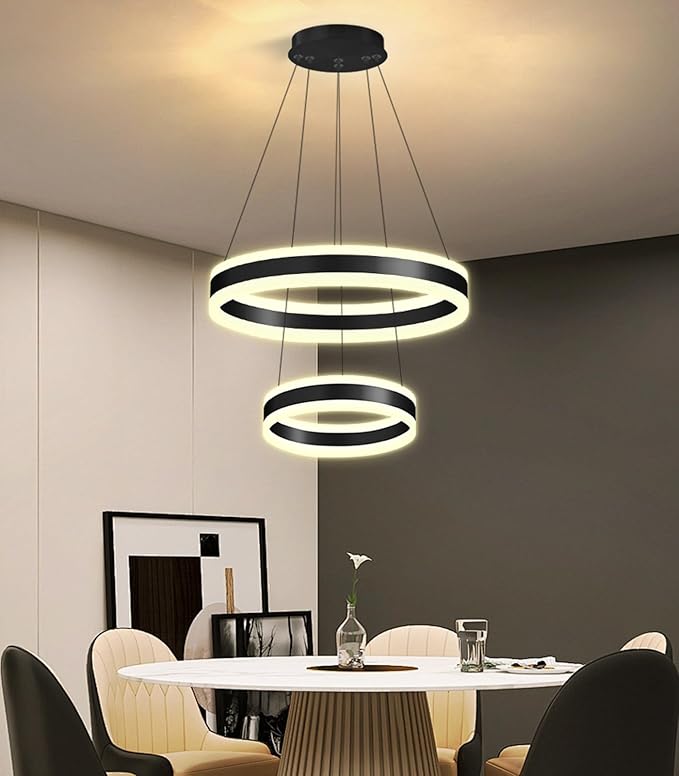 D7.8''+15.7'' Modern Ring Chandelier for Dining Room LED Dimmable Pendant Lighting for Living Room Foyer Bedroom Entryway 3000K-6000K Black
