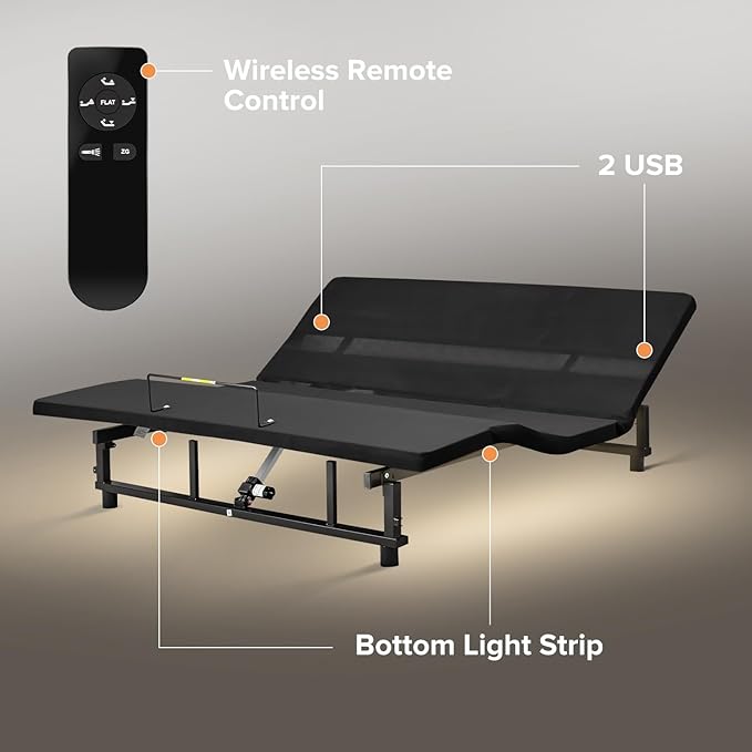 King Size Adjustable Bed Frame with Wireless Remote, Ergonomic Electric Adjustable Bed Base with Quiet Motor, USB Ports&Underbed Nightlight, Head and Foot Incline, Zero Gravity Bed, Easy Assembly