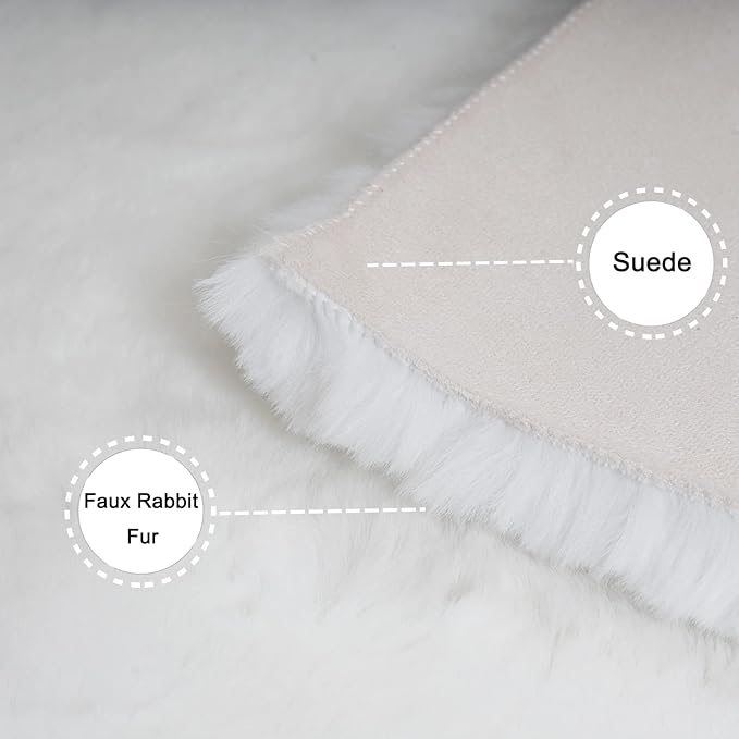 Ghouse Ultra Soft Faux Rabbit Fur Rug, Machine Washable Area Rugs for Bedroom Fluffy Rugs for Living Room, No-Shedding Carpet Sheepskin Rug White 2 x 6 Feet