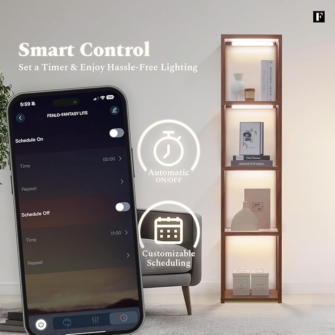 FENLO LED Display Shelf Unit – Dimmable Lighted Furniture for Bedroom, Living Room, or Office – Glass Curio Cabinet Shelf Lamp with App + Remote Control + Adjustable Lighting