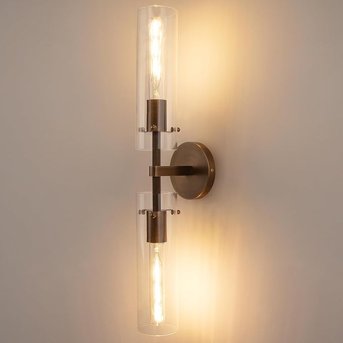 Brass Bronze 2-Light Knurled Wall Sconce, Dual-Head Vanity Lamp with Clear Glass Tube, Bathroom Wall Sconces, Wall Lights for Living Room Bedroom Hallway Kitchen Bathroom Mirror