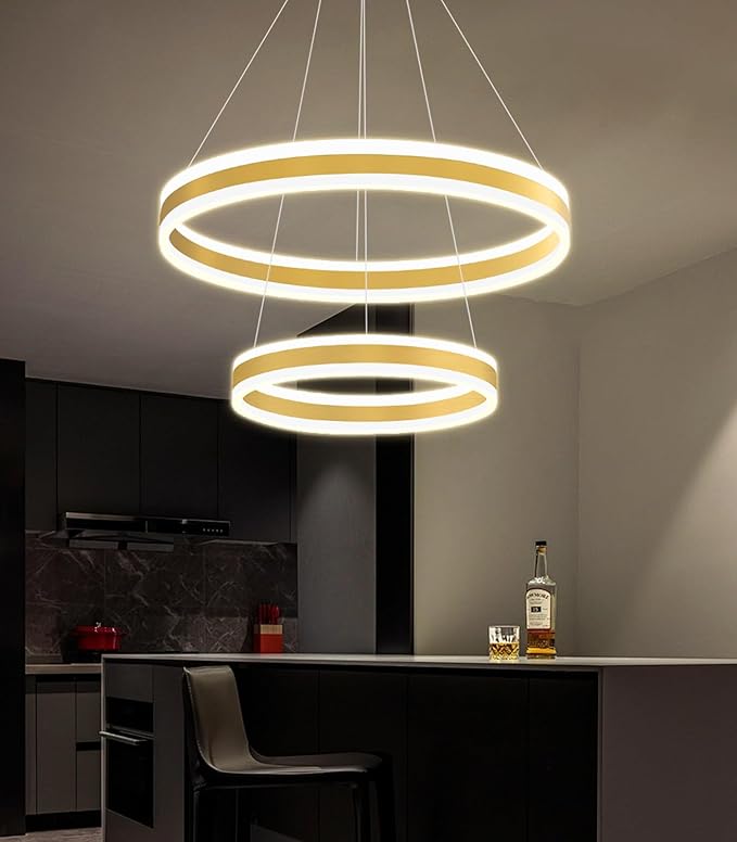 D15.7''+23.6'' Modern Ring Chandelier for Dining Room LED Dimmable Pendant Lighting for Living Room Foyer Bedroom Entryway 3000K-6000K Gold