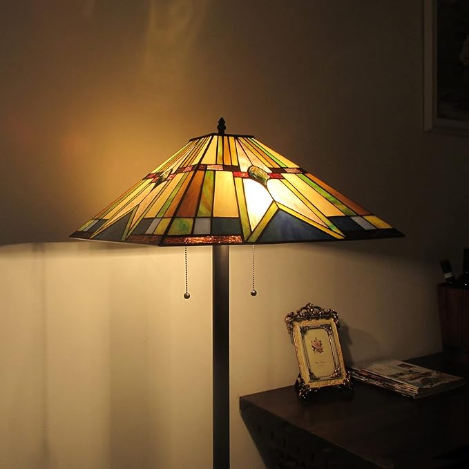 Tiffany Style Floor Lamp Vintage Stained Glass Shade 65” Tall Mission Floor Standing Reading Corner Light Fixture for Bedroom, Living Room, Office, Multi-Colored
