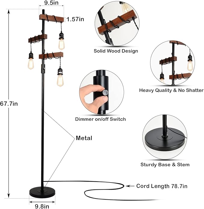 Dimmable Industrial Floor Lamp, Farmhouse Tree Floor Lamp, 68 Inch 3 Lights Wood Standing Lamp, Sturdy Base Tall Vintage Pole Light, Metal Black Floor Lamps for Living Room Bedroom Office Rustic Home