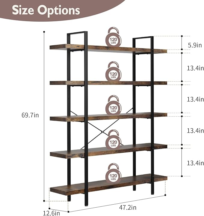 5-Tier Industrial Bookcase, 47 Inch Wide Wood Bookshelf, 120lbs Shelf Capacity, Rustic Open Shelving Heavy Duty Display with Reinforced Horizontal Brown Shelves for Living Room Bedroom Office - 2Pcs