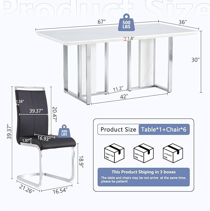 JUFU Dining Table Set for 10, 67'' Dining Table for 8-10 People with Faux Marble Tabletop and Sturdy Leg, White Rectangle Dining Room Table Set for 10 with PU Chairs, Perfect for Big Dining Room