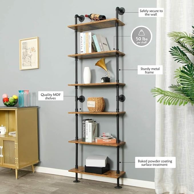 ZIOTHUM 6-Tier Industrial Pipe Shelves Shelf Shelving Rustic Wood Metal Wrought Iron Ladder Bookcase Bookshelf Wall Mounted Mount DIY Loft Vintage Floating Hanging Storage Display (23.6x9.8x78.7”)