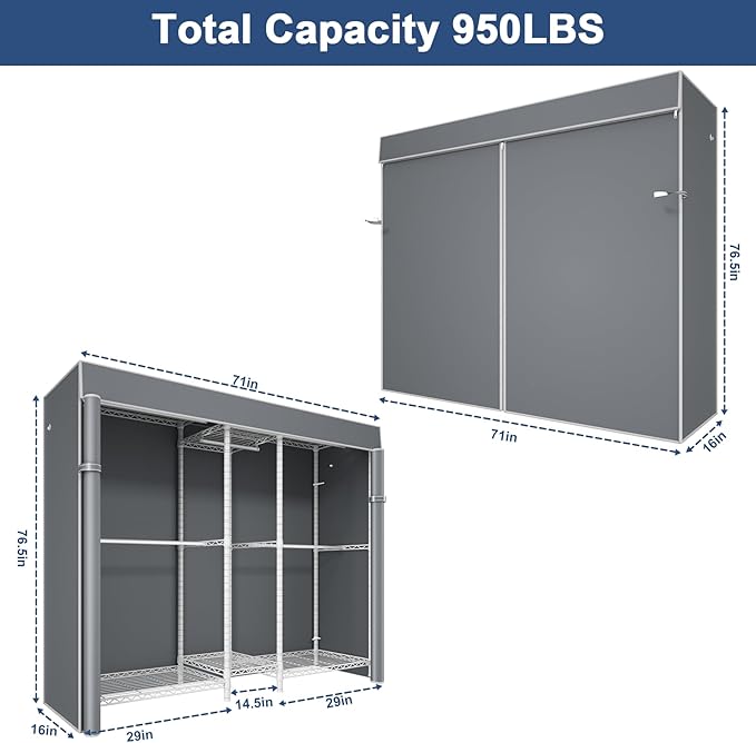 Ulif E12C Heavy Duty Closet Organizer System，Freestanding Clothing Racks for Hanging Clothes，Adjustable Garment Rack 71" W x 16" D x 76.5" H Hold 960 lbs，White Clothing Rack with Grey Dustproof Cover