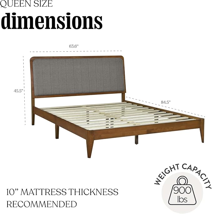 DG Casa Raven Solid Wood Queen Size Bed Frame - Mid Century Modern Style, Platform with Tufted Upholstered Adjustable Height Headboard, No Box Spring Required, Walnut Finish (Brown, Queen)