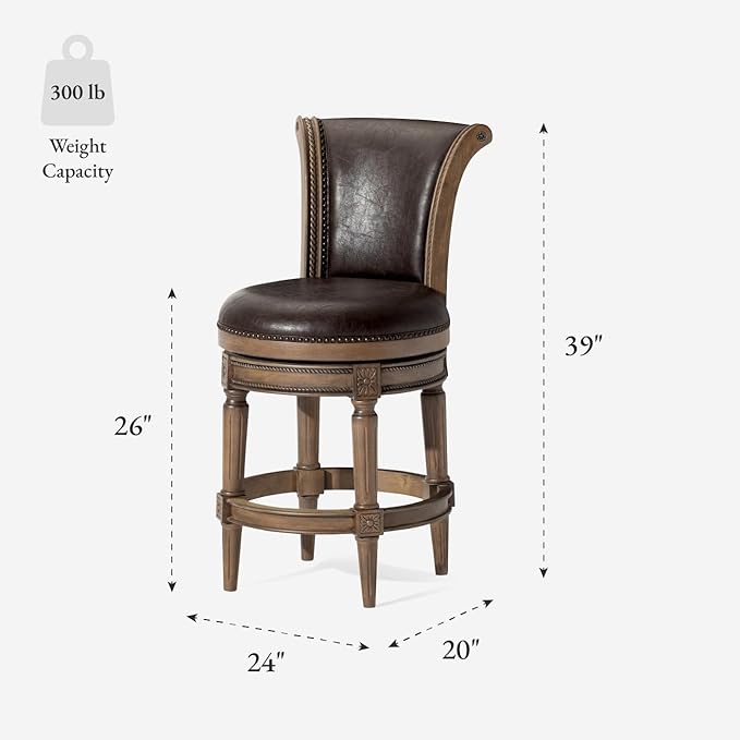 Maven Lane Pullman Counter Stool 26 Inches – Swivel Stool with Footrest – Brown Solid Wood Frame & Brown Faux Leather Upholstery – Perfect for Kitchen Islands & Counters