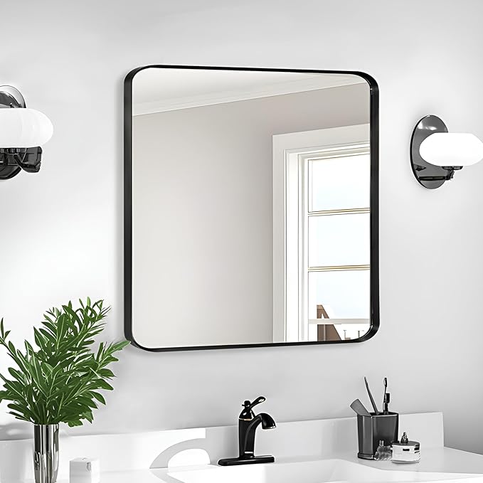 Wall Mount Mirror for Bathroom, Brushed Black Metal Framed Rounded Corner Square Rectangular Vanity Mirror (30" x 30", Black)