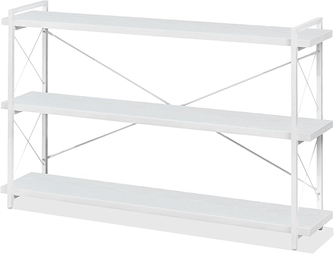 HCHQHS Bookshelf, 3-Tier Long Industrial Bookcase, White Open Book Shelf, Freestanding Horizontal Bookshelves with Metal Frame