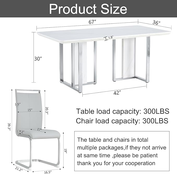 67'' Modern Dining Table Set for 6,White Kitchen Table Set,Luxury Dining Table Set with 1.8-inch Thick Faux Marble Table Top＆6 Pu Leather Upholstered Chairs Ideal for Dining kicken Room