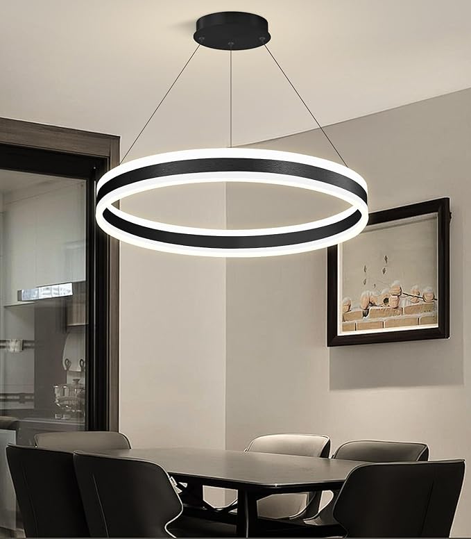 D23.6'' Modern Ring Chandelier for Dining Room LED Dimmable Pendant Lighting High Ceiling Chandelier for Living Room Foyer Bedroom Entryway 3000K-6000K Black