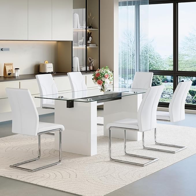 FURNITO Modern Dining Table Set for 6, Kitchen Table and Chairs for 6,71 in Glass Dining Table with 6 PU Leather Dining Chairs for Kitchen Dining Room（White Table+6 White Chair）