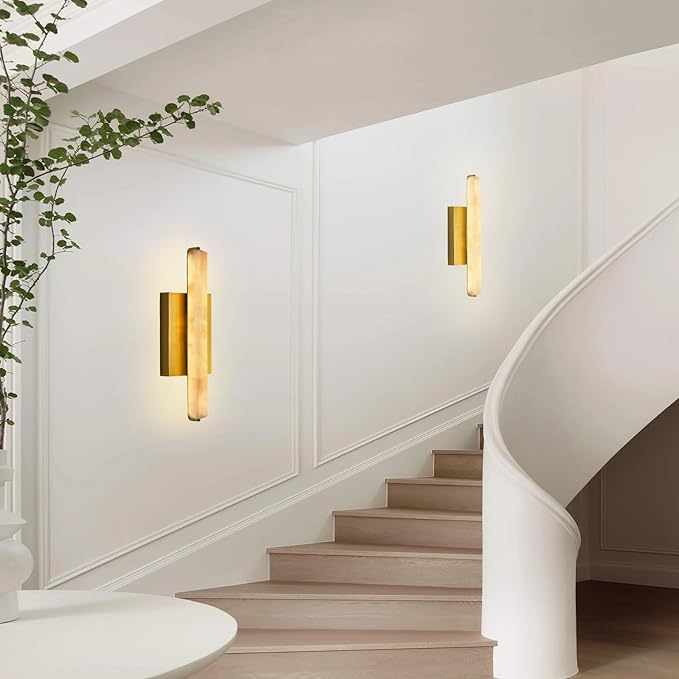 Alabaster Wall Sconces Set of Two, 15" Brass Alabaster Sconce, Spanish Natural Marble Wall Sconce Lamp Indoor, Rectangle Modern Sconces Lighting for Bathroom Living Room Bedroom Stairs Hallway