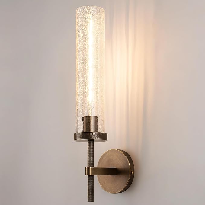 19.5" Knurled Brass Wall Sconce with Crackle Glass Tube, Bronze Bathroom Vanity Light Fixtures, Modern Lamp Lighting for Bedroom, Living Room, Hallway, Staircase, Mirror, Kitchen