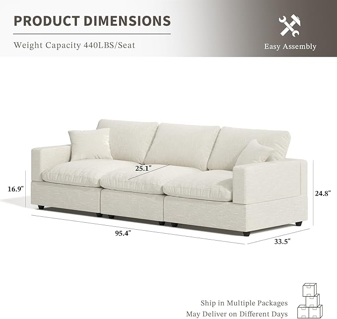 Cloud Couch Modular Sectional Sofa, 95.4" 3-Seater Sectional Couches for Living Room, Convertible Cloud Sofa, Down Filled Wide & Deep Seat, Removable Washable Cushion Cover & Backrest Pillow Cover