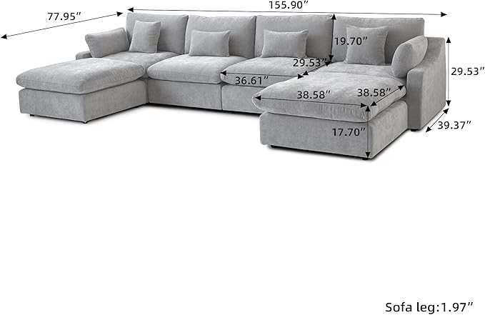 Cloud Couch Modular Sectional Sofa, 156" U Shaped Couch, Oversized Down Filled Convertible Wide Seater with 2 Ottomans for Living Room Set, Covers Washable&Replaceable,Grey