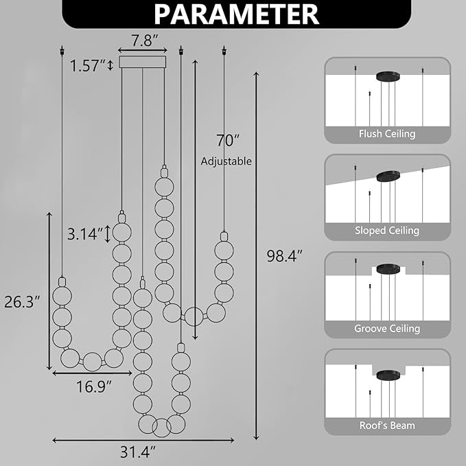 Modern Chandeliers LED Dimmable Light Acrylic Balls Ceiling Pendant Lighting for Living Room Dining Room Bedroom Adjustable Hanging Lights 70 Watts, Balck Lamp