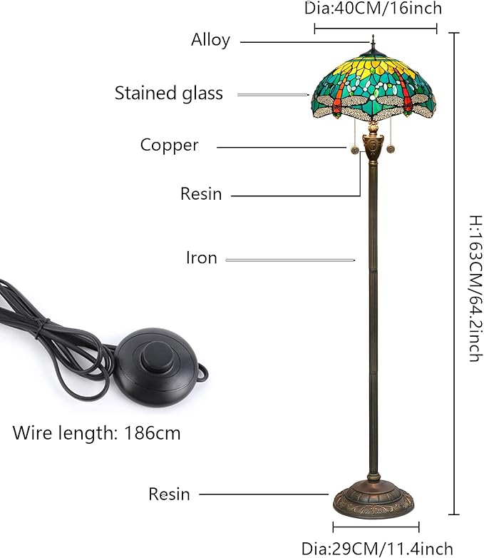 Tiffany Floor lamp Stained Glass Lamps for Living Room Bedroom Office Rustic Corner Standing Tall Vintage Light Kids Unique Pulling Chain Green Dragonfly Style Lighting