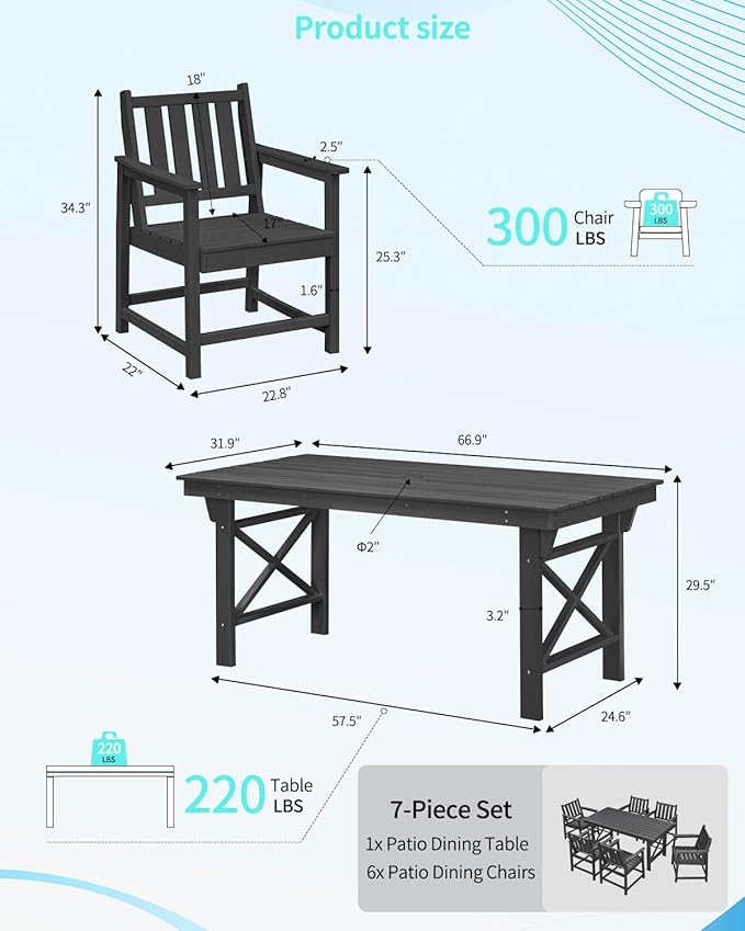 QUASCO 7-Piece Patio Dining Table Sets, Outdoor HDPE Dining Furniture Set with Umbrella Hole Table and 6 Chairs for Poolside, Porch, Yard and Garden, Black