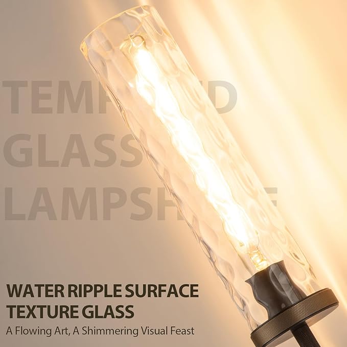 19.5" Knurled Brass Wall Sconce with Water Ripples Glass Tube, Black Gold Bathroom Vanity Light Fixtures, Modern Lamp Lighting for Bedroom, Living Room, Hallway, Staircase, Mirror, Kitchen