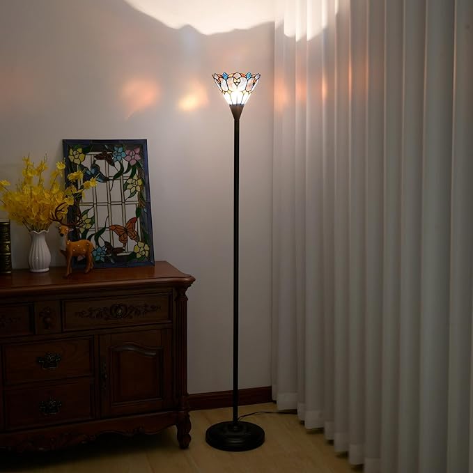 Tiffany Stained Glass Torchiere Floor Lamp Tiffany Style Standing Corner Light Antique Handcrafted Pole Floor Reading Uplight Lamp (Bulb Include)