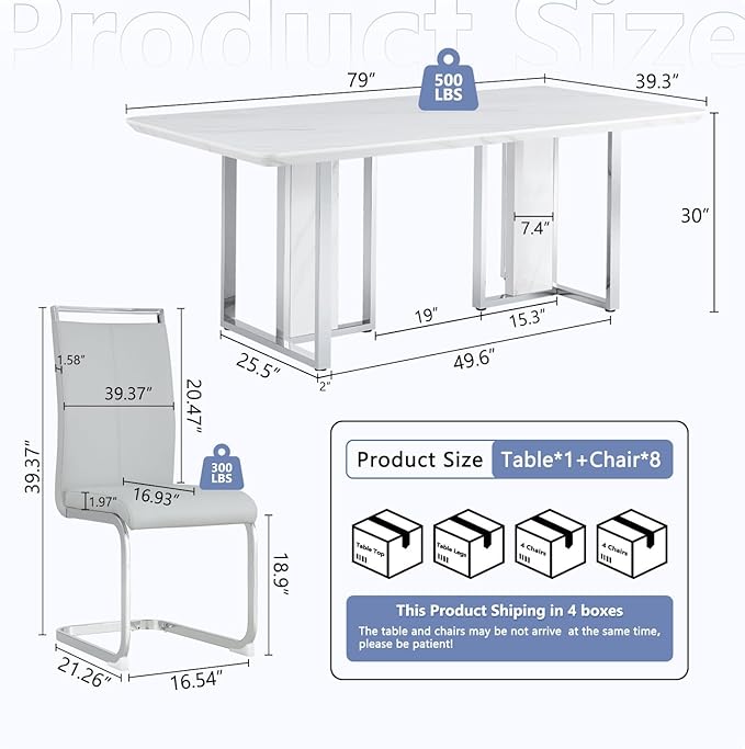 JUFU Dining Room Table Set for 8, Dinner Set for 8 with 79'' Faux Marble Tabletop and Sturdy T-Shape Leg, White Rectangle Dining Room Sets for 8 with PU Chairs, Perfect for Dining Room and Kitchen
