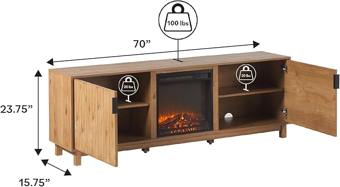 Walker Edison Arundo Reeded TV Stand with Fireplace & Storage, 70" Fireplace, English Oak