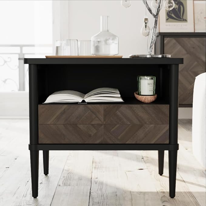 Lenia King Bed Frame with 2 Matching Nightstands – Modern Wood Platform Bed Set, Chevron Diamond Design, No Box Spring Needed, Slatted Support, Mocha Finish (Mocha Black, King)