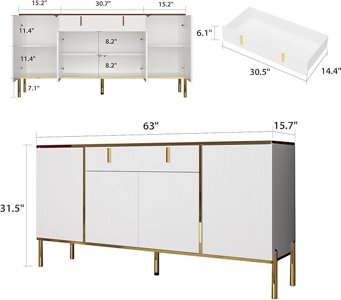 FAMAPY Modern Credenza Sideboard Buffet with Drawer & Pop-Up Doors, Buffet Sideboard Storage Cabinet with Gold Metal Legs, for Living Room Hallway White and Gold (63”W x 15.7”D x 31.5”H)