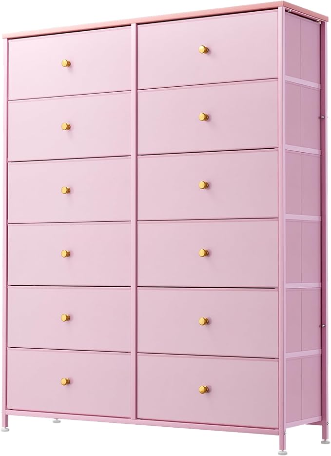 Arlopu 12-Drawer Dresser, 35.2’‘ Widened 6-Layer Fabric Storage Tower w/Textured Print Fabric Bins, Tall Chest Organizer Unit for Living Room, Hallway, Nursery, Closets, Adjustable Feetpad