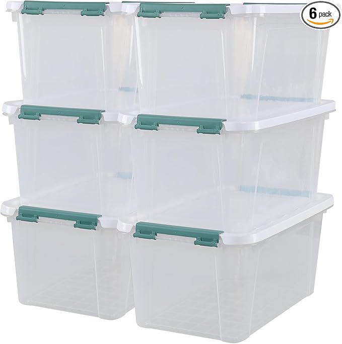 35 Quart Stackable Plastic Storage Latches Box, Clear Large Storage Bin with Lid, 6 Packs