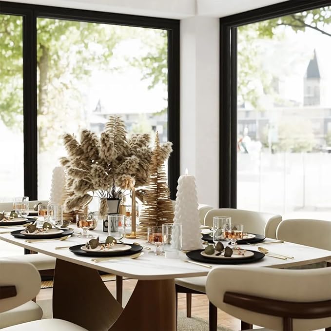 POVISON Dining Table Set for 6, Cotton Linen Modern Chairs Set of 6 with 71" Matte White Luxury Dining Room Table (71" Table + 6 Chairs)