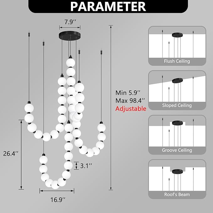 Modern Chandeliers LED Dimmable Light Acrylic Balls Ceiling Pendant Lighting for Living Room Dining Room Bedroom Adjustable Hanging Lights 90 Watts Black Lamp