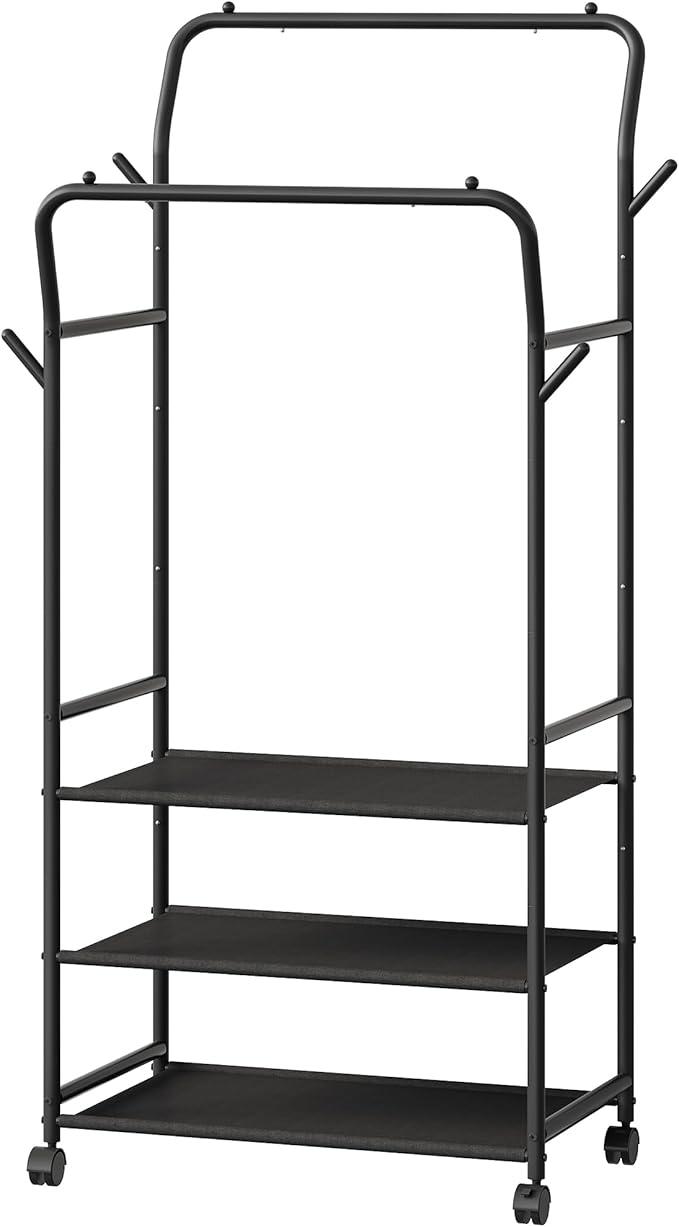 Clothes Rack, 3-Tier Rolling Garment Rack, Dual-Rod Clothing Rack with Hooks and Wheels, Y-Shaped, Freestanding Clothing Hanging Organizer, for Bedroom, Living Room, Laundry Room Black TYM07BB