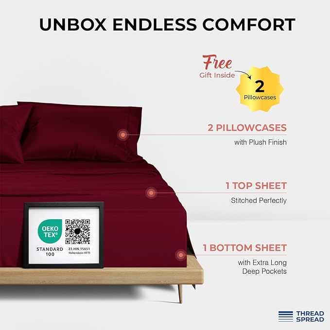THREAD SPREAD 100% Egyptian Cotton King Size Sheets Set - Luxury 1200 Thread Count Egyptian Cotton Sheets King Size, 17" Deep Pocket, Soft, Cooling Sateen Weave Hotel Quality Bedding Set - Burgundy
