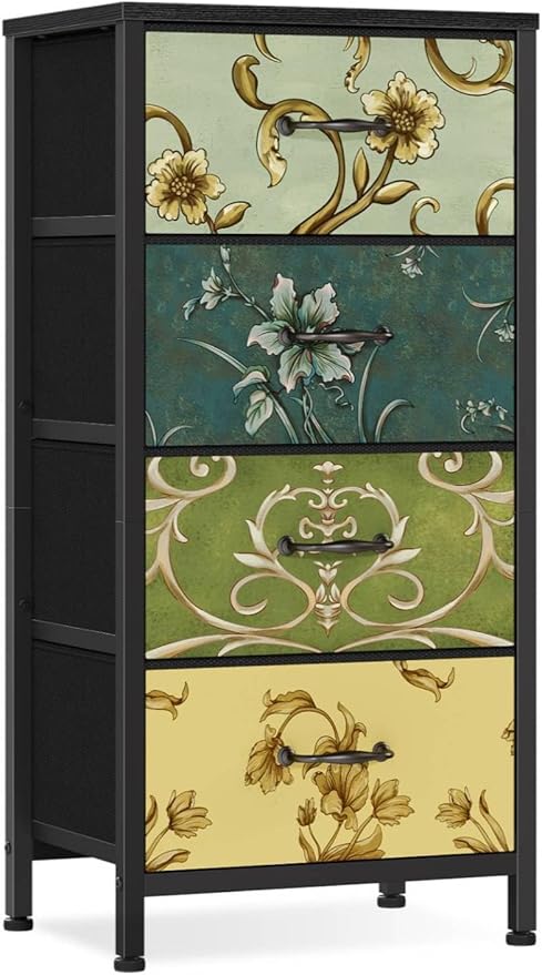 Furnulem 4 Drawer Dresser, Vertical Nightstand for Kids, Adult, Fabric Chest of Drawers for Bedroom, Living Room, Closet, Nusery, Storage Tower Unit Retro Style Furniture, Wood Desk Top