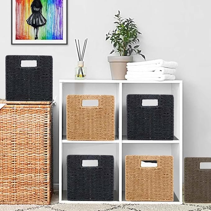 6 Pack 8.7 Inch Wicker Baskets, Hand Woven Paper Rope Storage Baskets, Foldable Cube Storage Bins Organizer Square Wicker Cubes for Shelves Pantry Organizing & Decor (Brown)