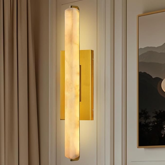 Alabaster Wall Sconces Set of Two, 25" Brass Alabaster Sconce, Spanish Natural Marble Wall Sconce Lamp Indoor, Rectangle Modern Sconces Lighting for Bathroom Living Room Bedroom Stairs Hallway