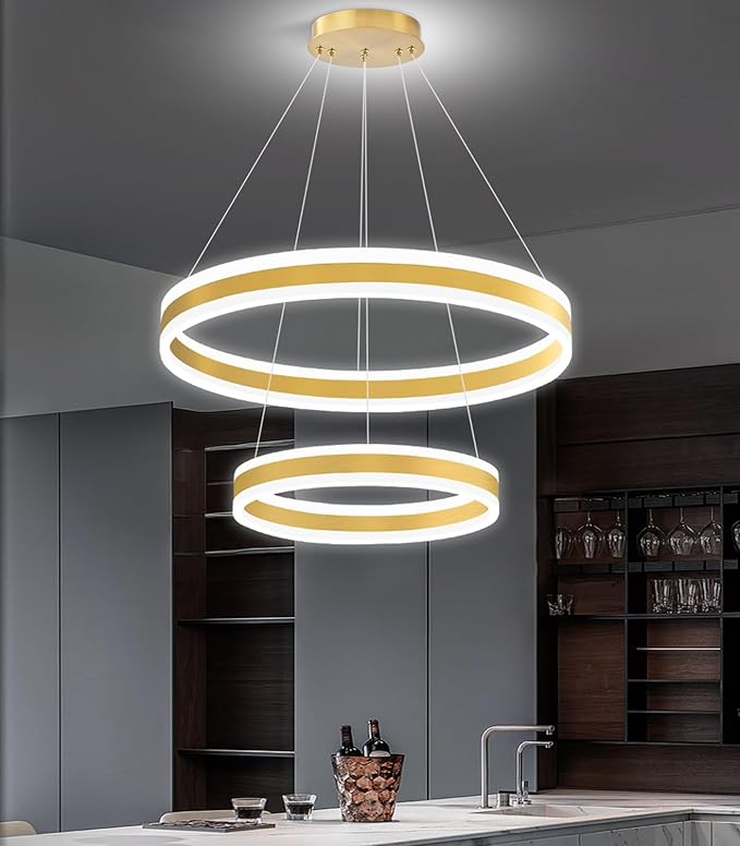 D15.7''+23.6'' Modern Ring Chandelier for Dining Room LED Dimmable Pendant Lighting for Living Room Foyer Bedroom Entryway 3000K-6000K Gold