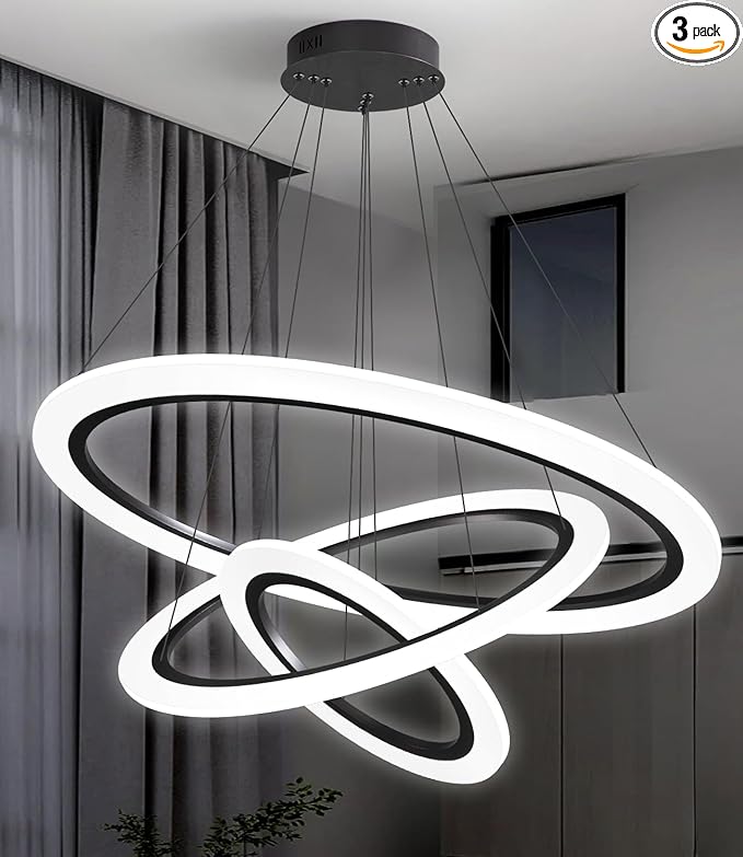 Modern LED Chandelier, 3 Ring Chandelier for Dining Room Living Room Pendant Lighting Fixture High Ceiling Hanging LED Pendant Ceiling Light Fixture for Bedroom Foyer （Black）