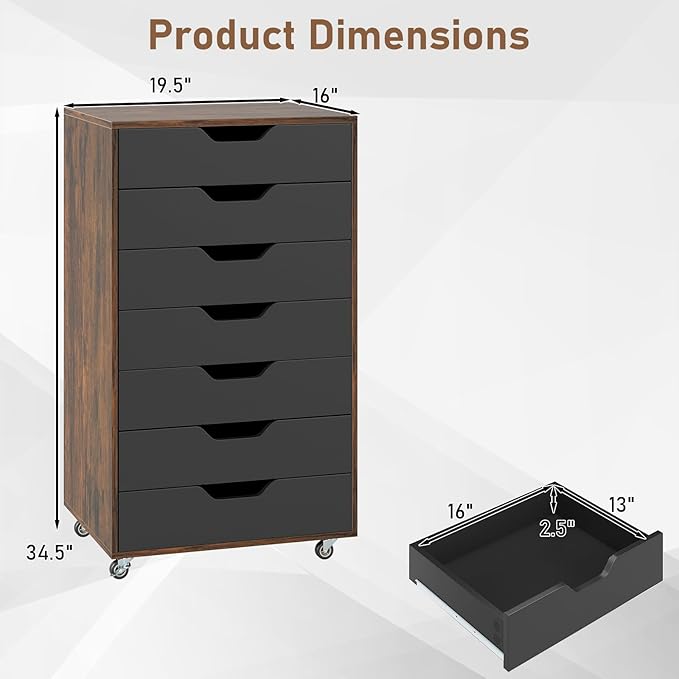 LOKO 7-Drawer Storage Cabinet, Versatile Drawer of Chest with Lockable Wheels, Mobile Office Lateral File Cabinet, for Home Office, Study (Rustic Brown + Black, 16" D x 19.5" W x 34.5" H)