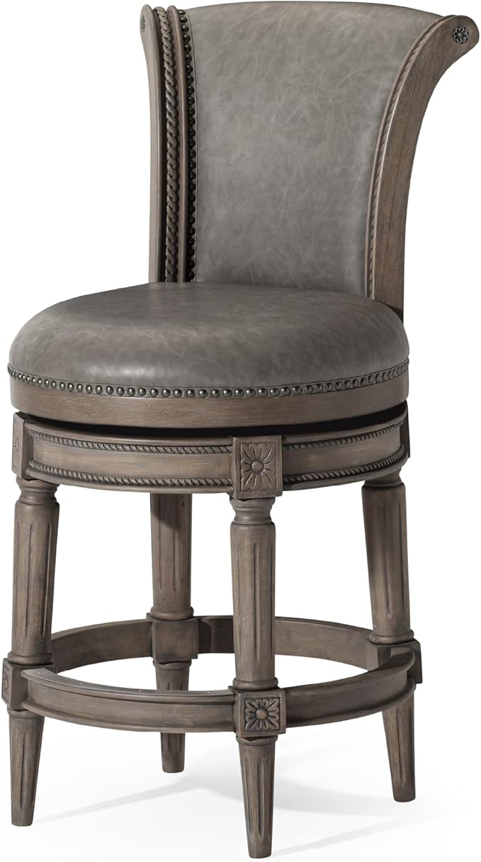 Maven Lane Pullman Counter Stool 26 Inches – Swivel Stool with Footrest – Grey Solid Wood Frame & Grey Faux Leather Upholstery – Perfect for Kitchen Islands & Counters
