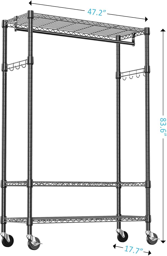 IZEUK Heavy Duty Rolling Garment Rack with 3 Adjustable Wire Shelves, 2 Hanging Rods & Side Hooks - Extra Large Mobile Clothes Rack with Wheels, 47.2" W x 17.7" D x 83.6" H, Black