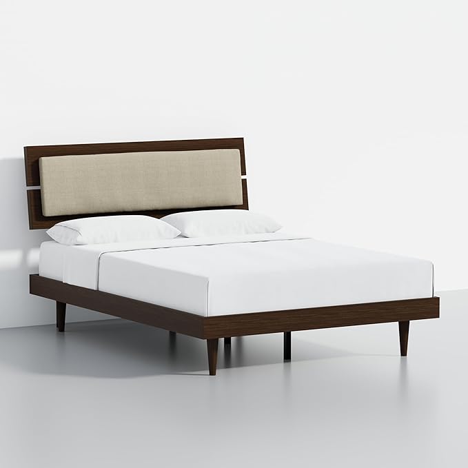 Modern Solid Wood Platform Bed with Adjustable Headboard with Cushion – No Box Spring Needed,Fast Assembly – Full Size in Walnut