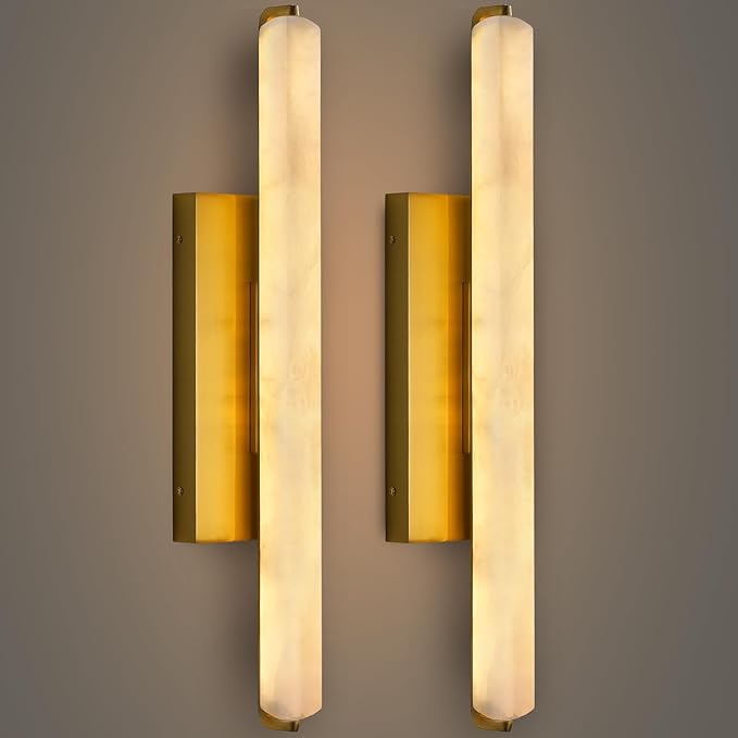Alabaster Wall Sconces Set of Two, 25" Brass Alabaster Sconce, Spanish Natural Marble Wall Sconce Lamp Indoor, Rectangle Modern Sconces Lighting for Bathroom Living Room Bedroom Stairs Hallway
